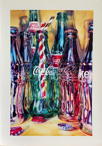 Coke bottles on Yellow - A2 Art Print by Kate Brinkworth - Art Republic