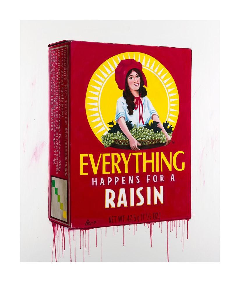Everything Happens, (Sunmaid Raisin box) Enlarged